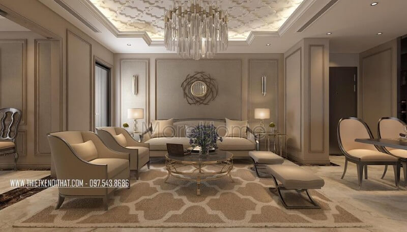 Thiết kế nội thất phòng khách được lựa chọn tông màu xám lạnh là chủ đạo. Nội thất chung cư tân cổ điển đẹp