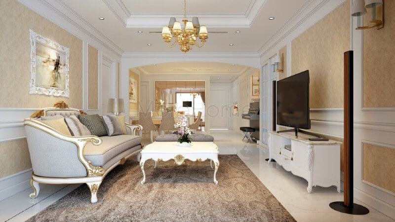 Mang đậm phong cách thiết kế tân cổ điển, sự tinh tế trong mỗi chi tiết trang trí tối giản tạo nên nội thất phòng khách chung cư sang trọng, tinh tế mà không kém phần nổi bật Danh sách các mẫu thiết kế phòng khách tân cổ điển tiện nghi