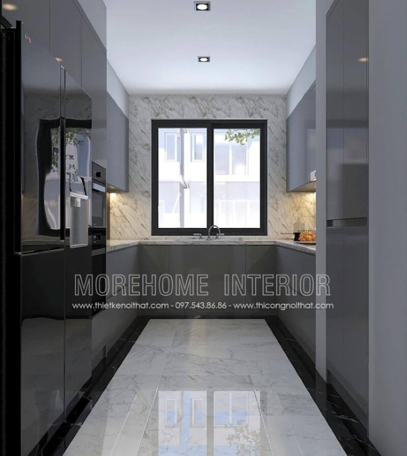 Với không gian bếp không được lớn, bạn nên trang trí nội thất với tủ bếp hình chữ U hiện đại gỗ acrylic trong đây với một bên bố trí tủ lạnh, lò vi sóng, lò nướng một bên là bếp từ nấu và tủ bếp đựng bát đĩa, xoong nồi cần thiết và ở giữa là chậu rửa là một trong những gợi ý giúp không gian bếp được phát huy tối đa công năng. Tủ bếp đẹp, sang trọng và đẳng cấp