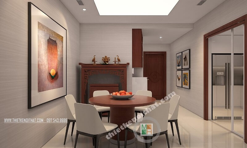 Thiết kế nội thất căn hộ chung cư Royal City Thanh Xuân tiện nghi với phòng bếp và bàn ăn liền kề rất thuận tiện mang đến cảm giác gần gũi cho gia chủ. Thiết kế chung cư