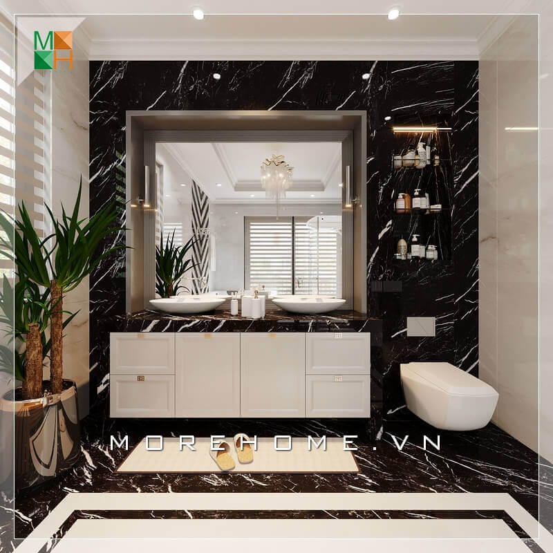 Để tạo nên một căn phòng tắm cao cấp như này không thể bỏ qua gạch ốp tường và gạch lát nền đẹp, màu sắc sang trọng. Thiết kế phòng tắm nhà phố