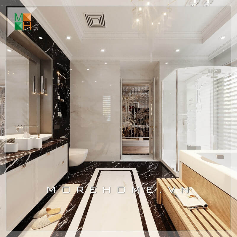 Thiết kế nội thất phòng tắm biệt thự, nhà phố sáng tạo, sử dụng gạch ốp tường và gạch lát sàn màu sắc hài hòa tạo nên một không gian phòng tắm cảm giác thêm rộng và sang trọng. Thiết kế phòng tắm nhà phố