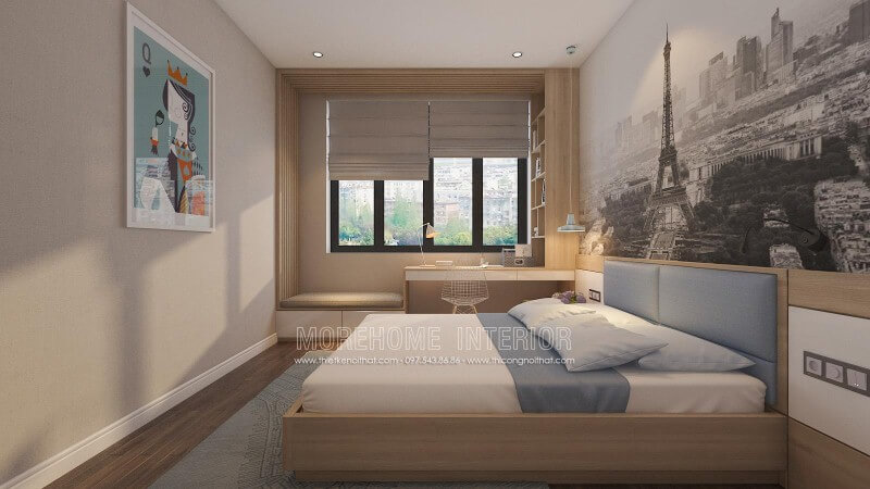 Sắp xếp nội thất phòng ngủ hiện đại có bàn làm việc hay góc học tập gần cửa sổ đẹp, sang trọng và tiện ghi.