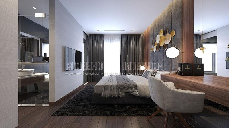 Bố trí nội thất phòng ngủ khép kín hiện đại liền phòng vệ sinh độc đáo với ý tưởng thiết kế mở khi sử dụng cửa kính trắng cường lực.