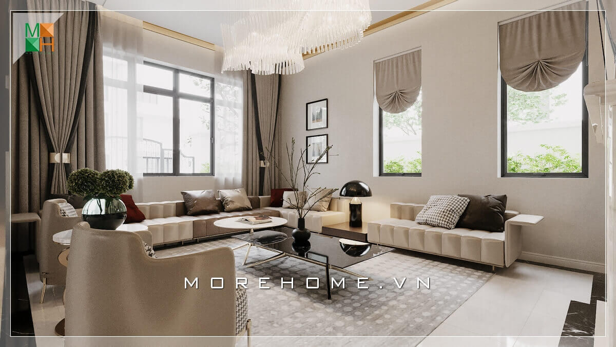 Mẫu sofa phòng khách màu kem rất đẳng cấp và sang trọng phù hợp cho không gian nơi đây.