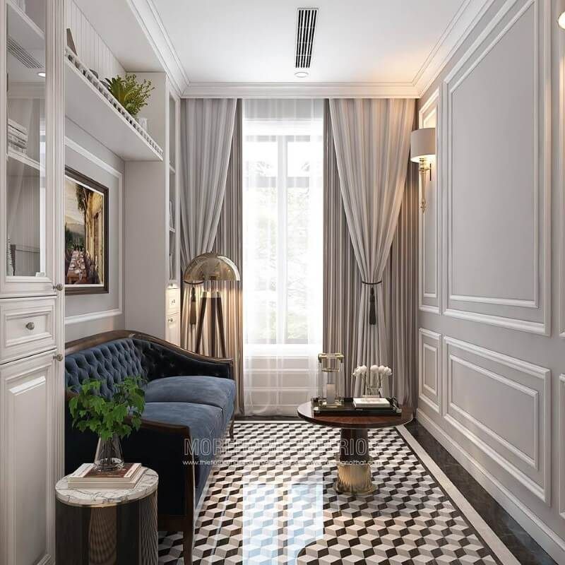 Gạch lát nền giả cổ tạo nét đẹp độc đáo sang trọng cho phòng đọc sách tân cổ điển.