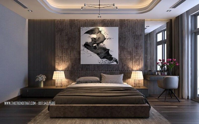 Sắp xếp nội thất phòng ngủ master hiện đại, đẹp, sang trọng.