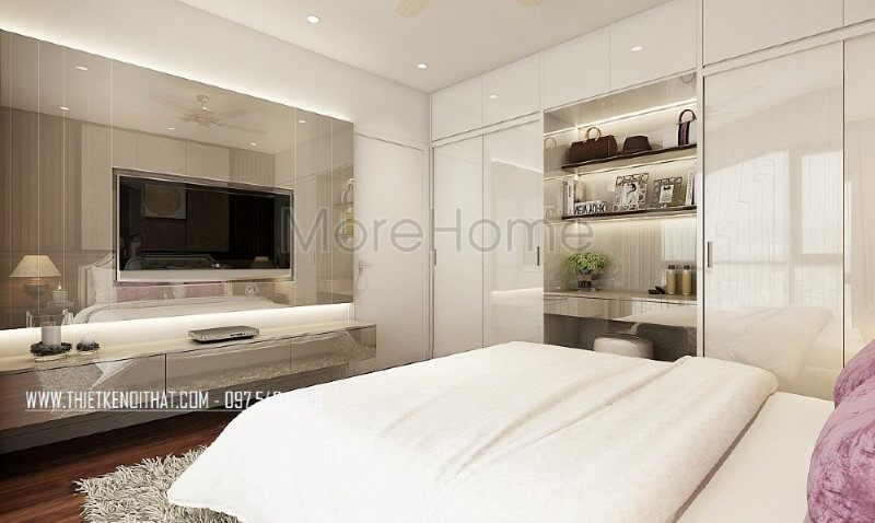 Bố trí nội thất phòng ngủ đẹp, sang trọng với kệ tivi hiện đại nổi bật cùng gạch ốp tường cao cấp.