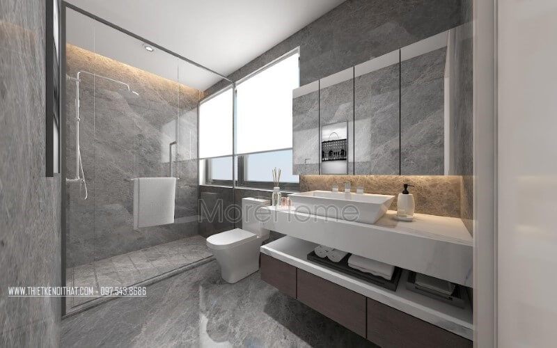 Vách tắm kính cửa trượt cùng cửa sổ lớn được bố trí trong không gian hiện đại đầy đủ tiện nghi tạo nên phòng tắm đẹp, sang trọng cho biệt thự, nhà phố.