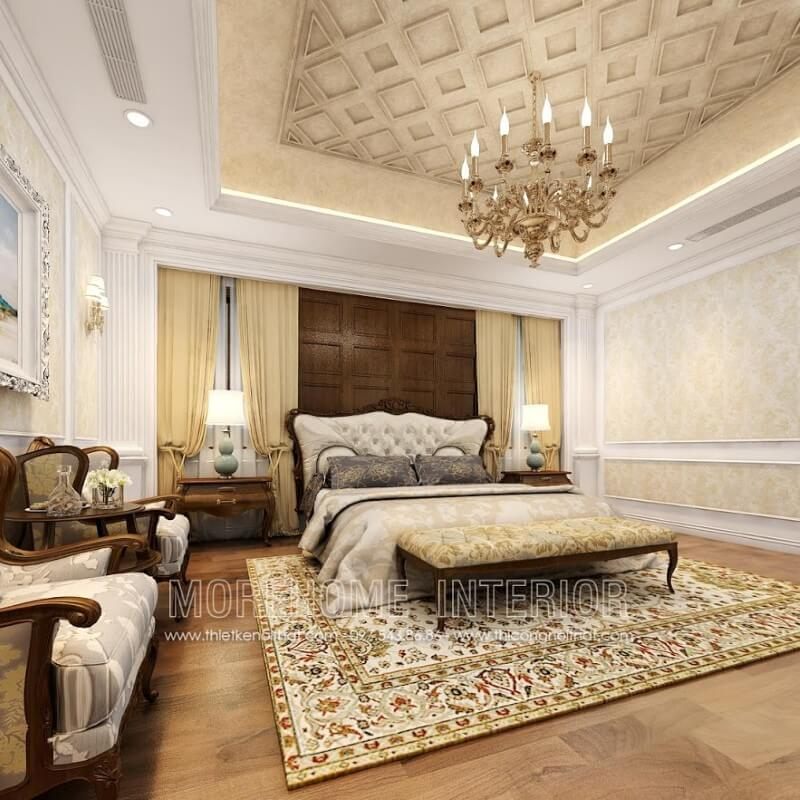 Thiết kế nội thất phòng ngủ biệt thự tân cổ điển sang trọng với sản phẩm giường ngủ gỗ óc chó, đầu giường bọc da cao cấp