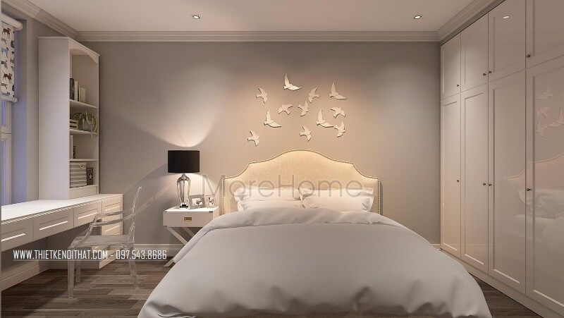 Phòng ngủ con được thiết kế hài hòa, tông màu trắng là tông màu chủ đạo của căn phòng.