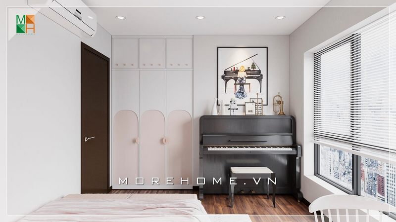 Có lẽ điểm nổi bật nhất căn phòng là chiếc đàn piano được đặt gần cửa sổ nơi có ánh sáng tự nhiên chiếu vào, biến căn phòng ngủ bé trở nên hiện đại và tiện nghi hơn.