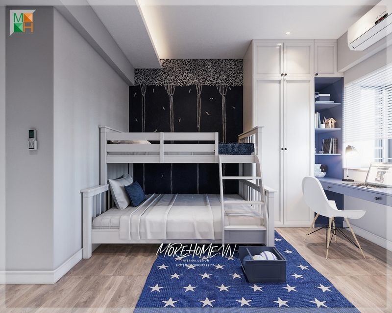 Mẫu thiết kế phòng ngủ với giường tầng thông minh kết hợp khu học tập cho bé
