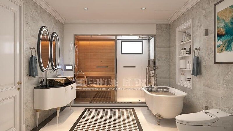Phòng tắm được sắp đặt theo cách kết hợp với phòng xông hơi gia đình, có bồn tắm đẹp và sang trọng.